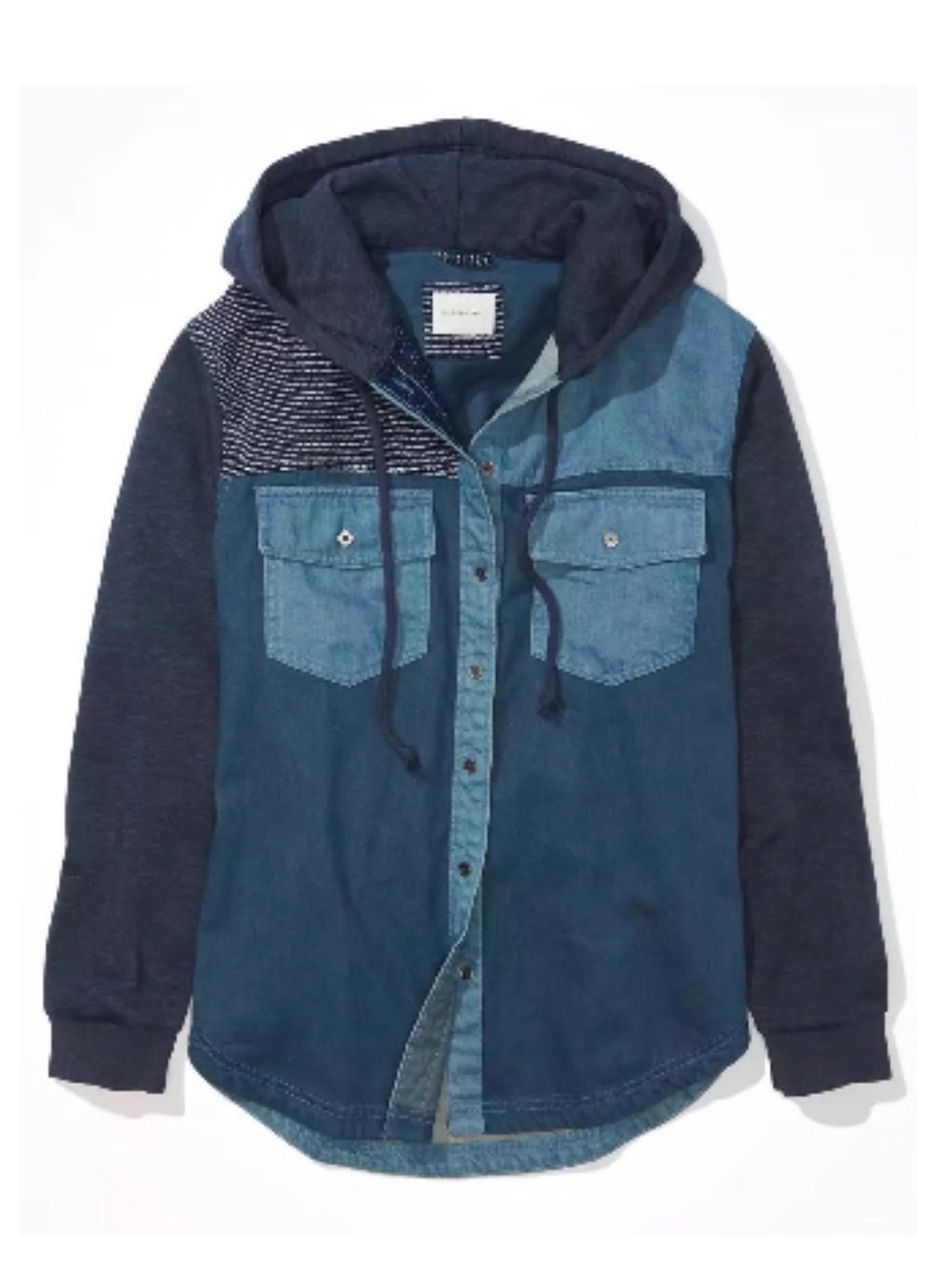 American Eagle Navy Patchwork Soft Denim Hoodie Shacket Sz L NWT